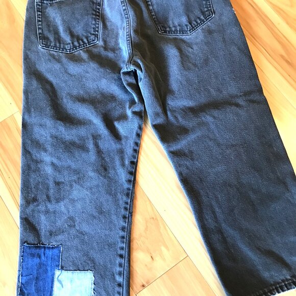 Upcycled Patchwork Long Jean Shorts: Denim Patched Hippie Pants, Waist Size 35 - Picture 8 of 9